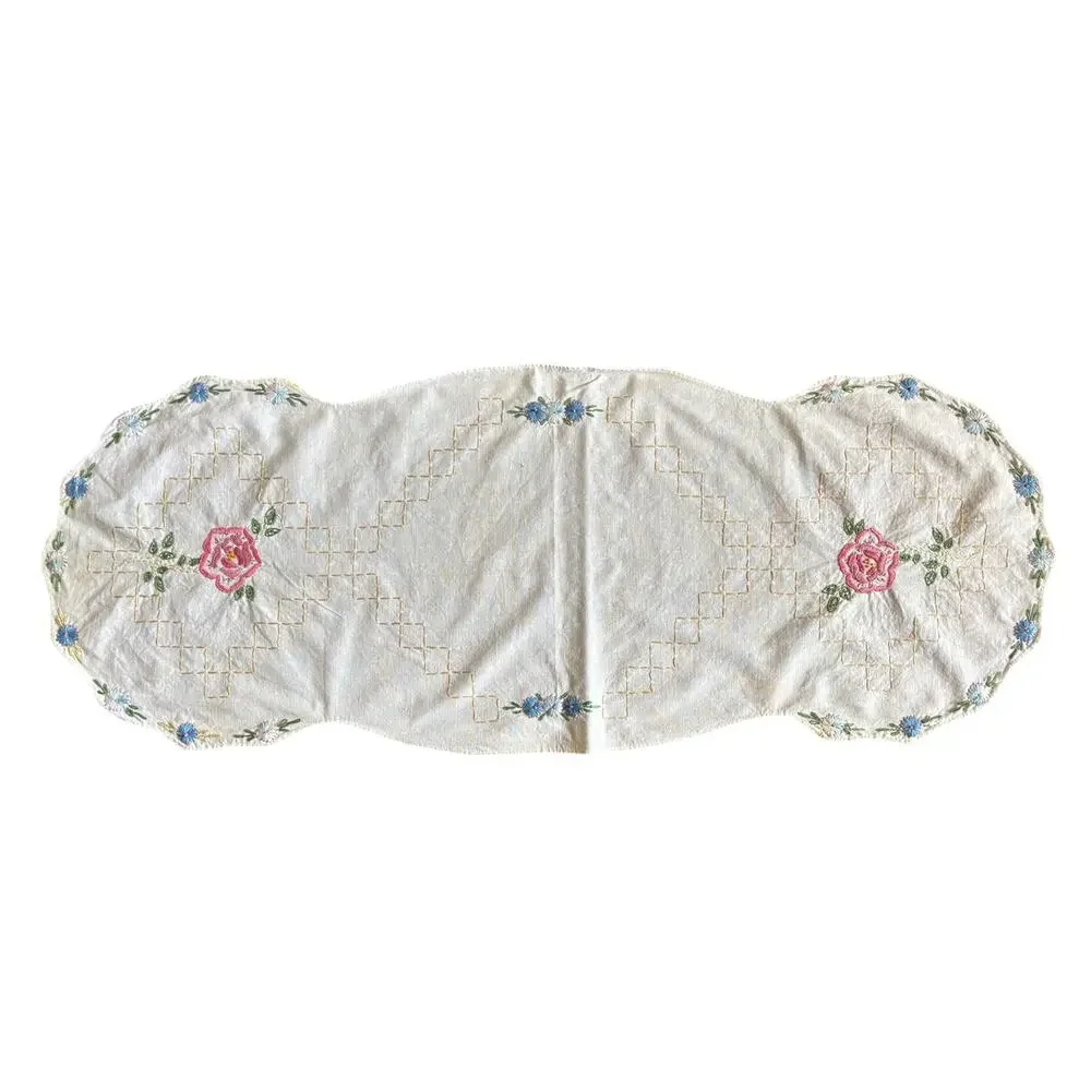 Antique Floral Embroidery Table Runner 16x39 White Cotton Rainbow Boho Scalloped